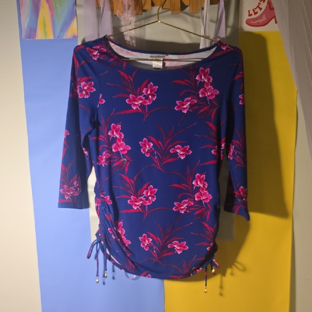 Tommy Bahama Blue and Pink Floral Long Sleeve Top